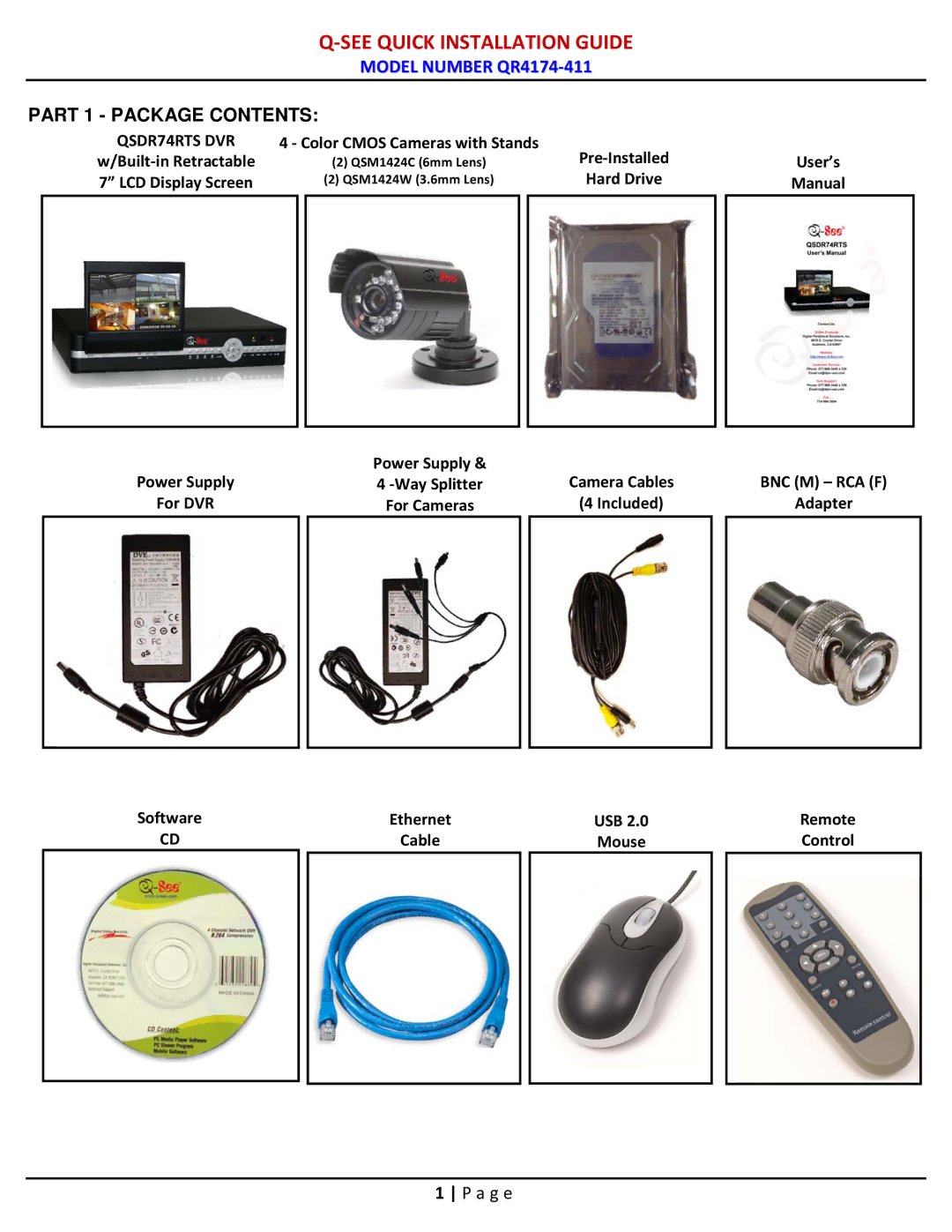 Q-See QR4174-411 manual See Quick Installation Guide, Part 1 Package Contents 