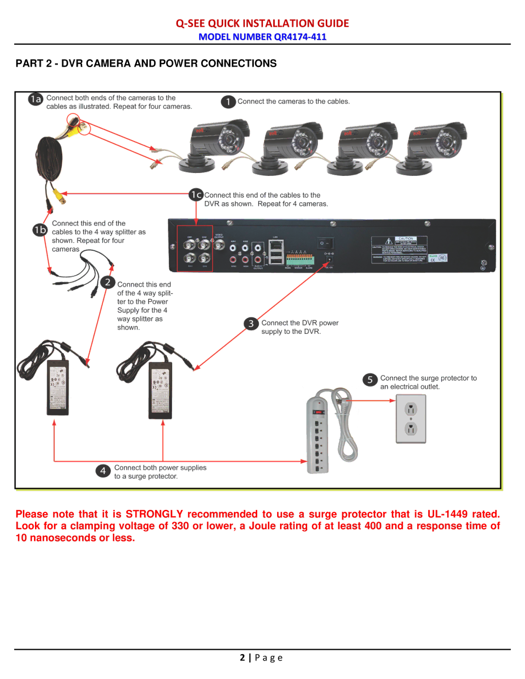 Q-See QR4174-411 manual Part 2 DVR Camera and Power Connections 