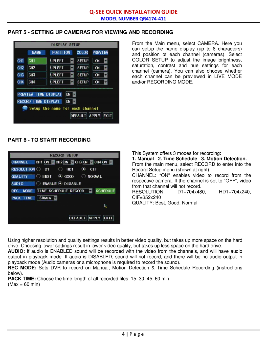 Q-See QR4174-411 manual Part 5 Setting UP Cameras for Viewing and Recording, Part 6 to Start Recording 