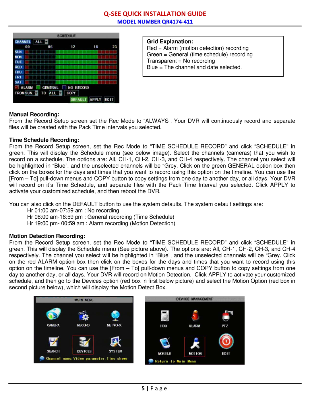 Q-See QR4174-411 manual Grid Explanation, Manual Recording, Time Schedule Recording, Motion Detection Recording 