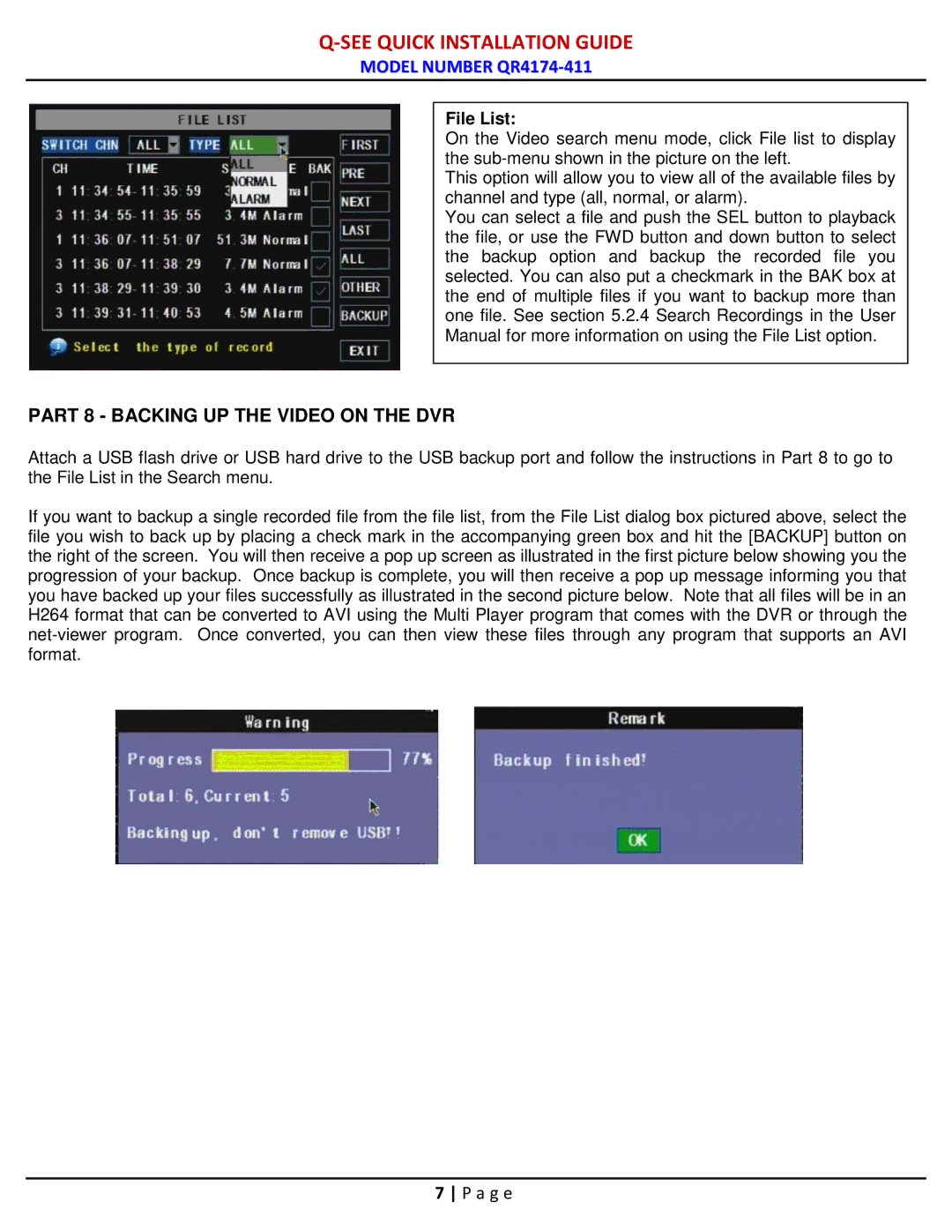 Q-See QR4174-411 manual Part 8 Backing UP the Video on the DVR, File List 