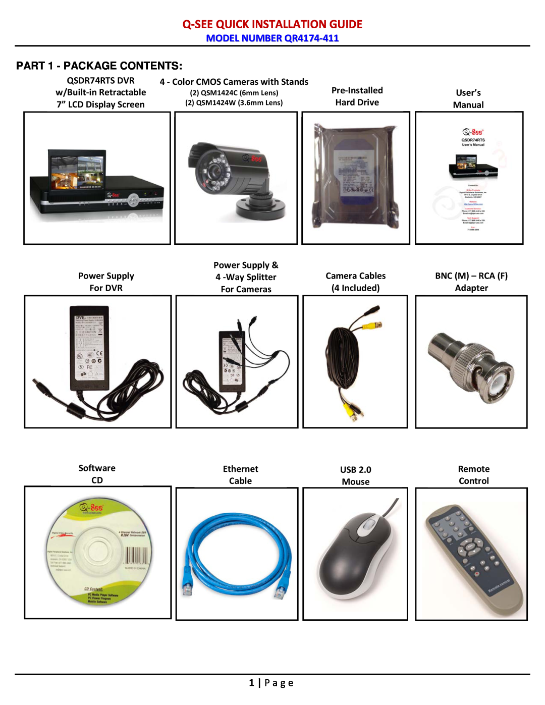 Q-See Q-Seequick Installation Guide, MODEL NUMBER QR4174-411, PART 1 - PACKAGE CONTENTS, P a g e, QSDR74RTS DVR, Remote 