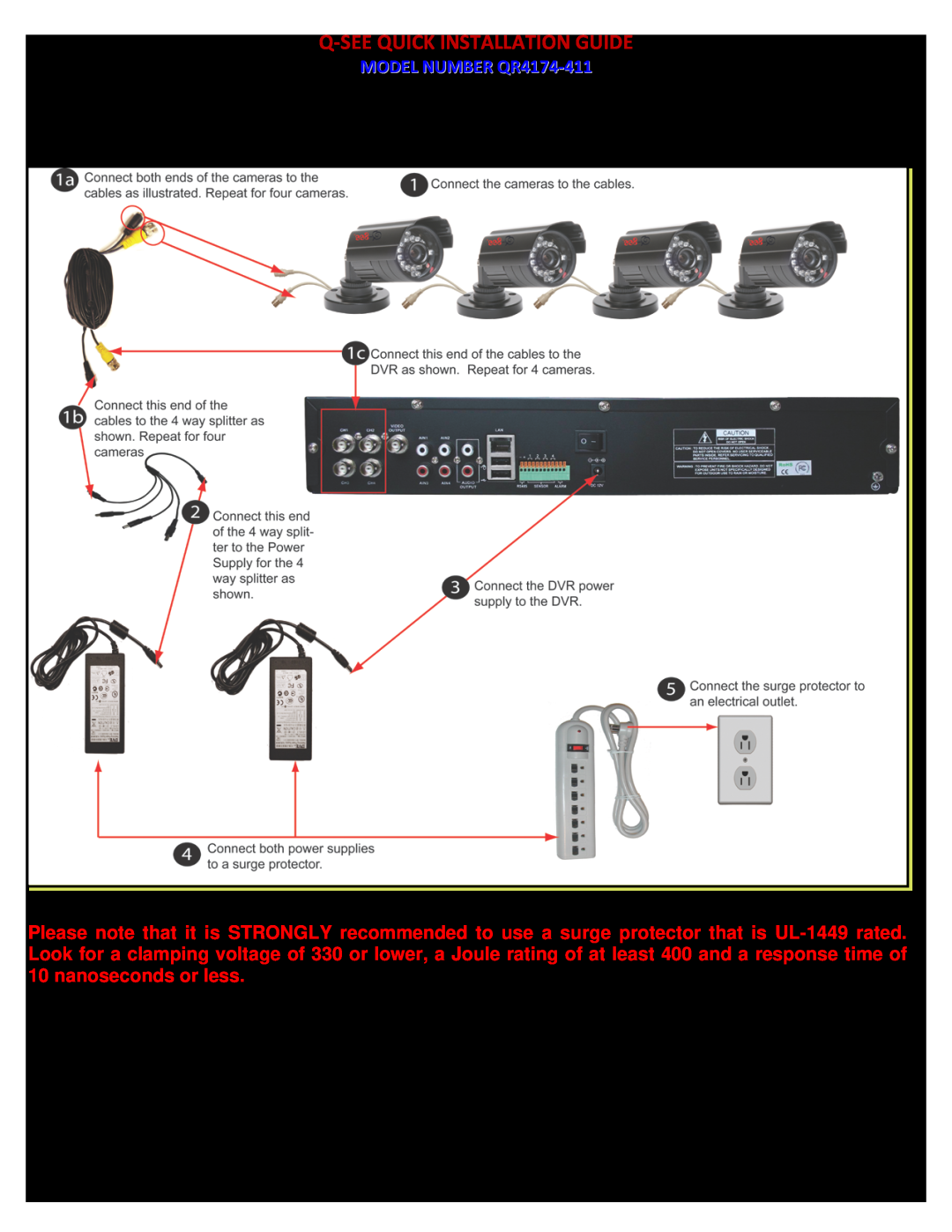 Q-See QR4174-411 manual PART 2 - DVR CAMERA AND POWER CONNECTIONS, P a g e, Q-Seequick Installation Guide 
