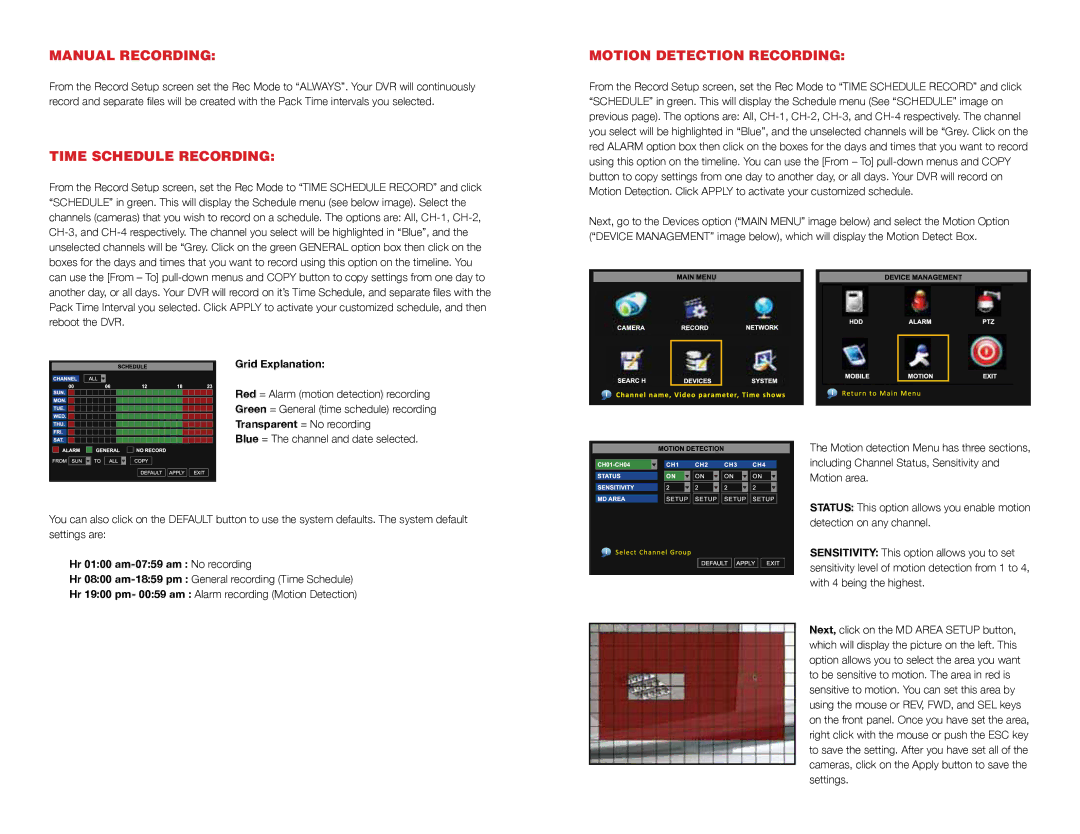 Q-See QR4174-418 quick start Manual Recording, Time Schedule Recording, Motion Detection Recording, Grid Explanation 