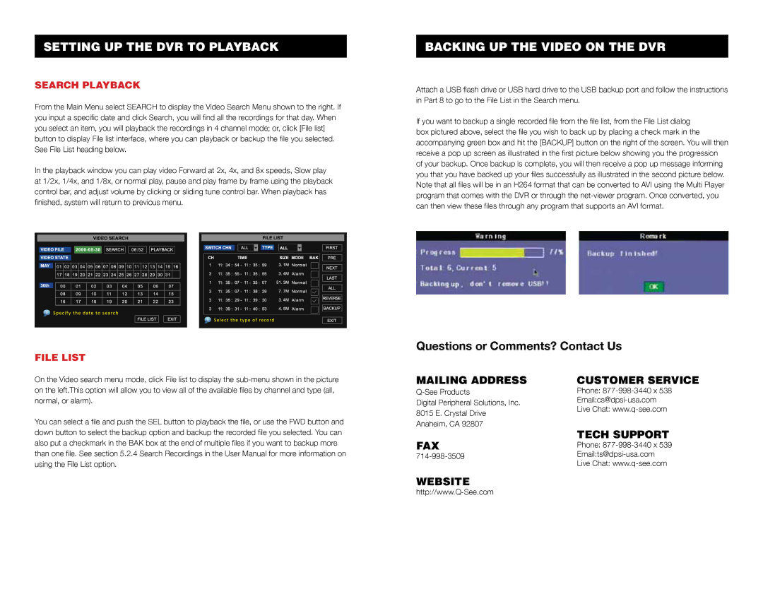 Q-See QR4174-418 quick start Setting up the dvr to playback, Backing up the video on the dvr, Search Playback, File List 