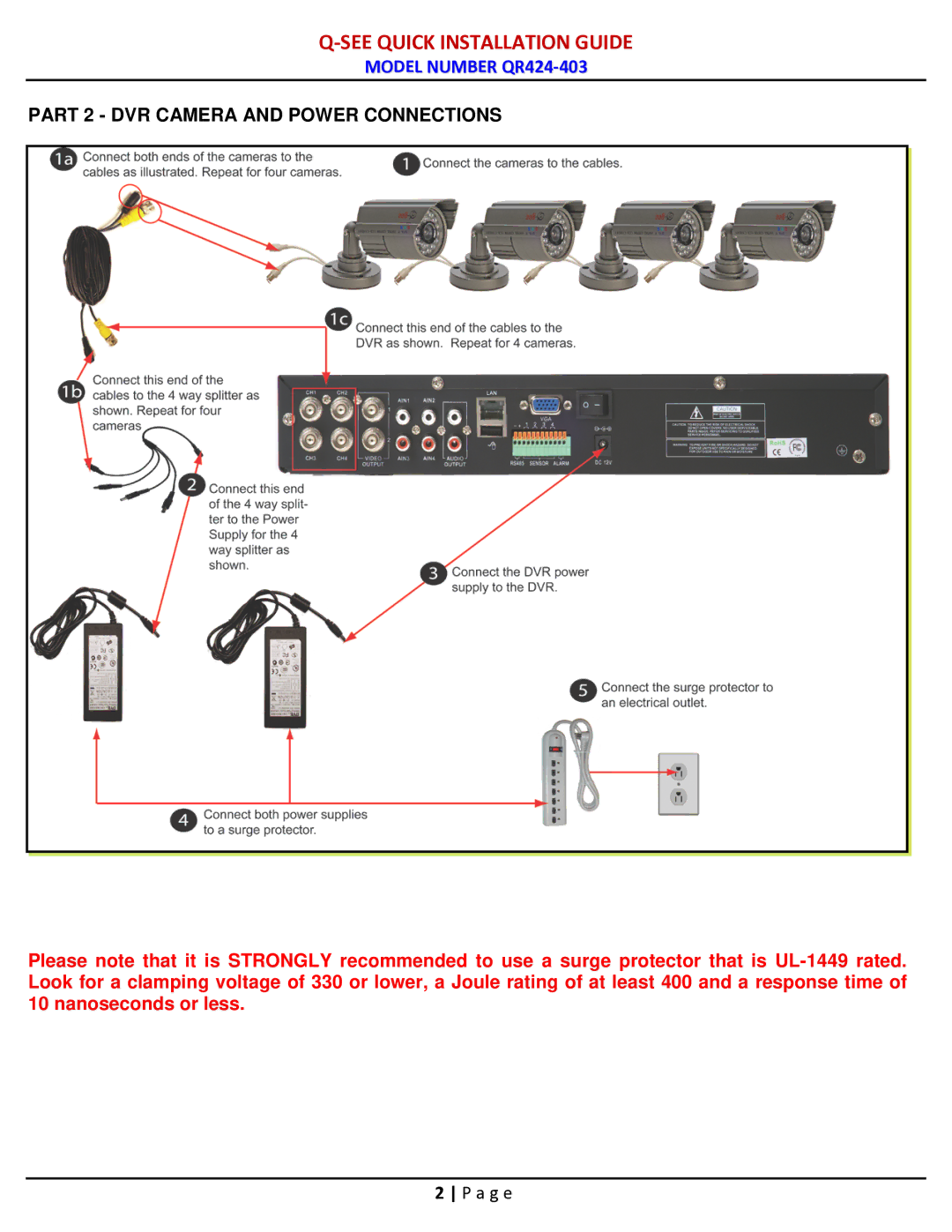 Q-See QR424-403 manual Part 2 DVR Camera and Power Connections 