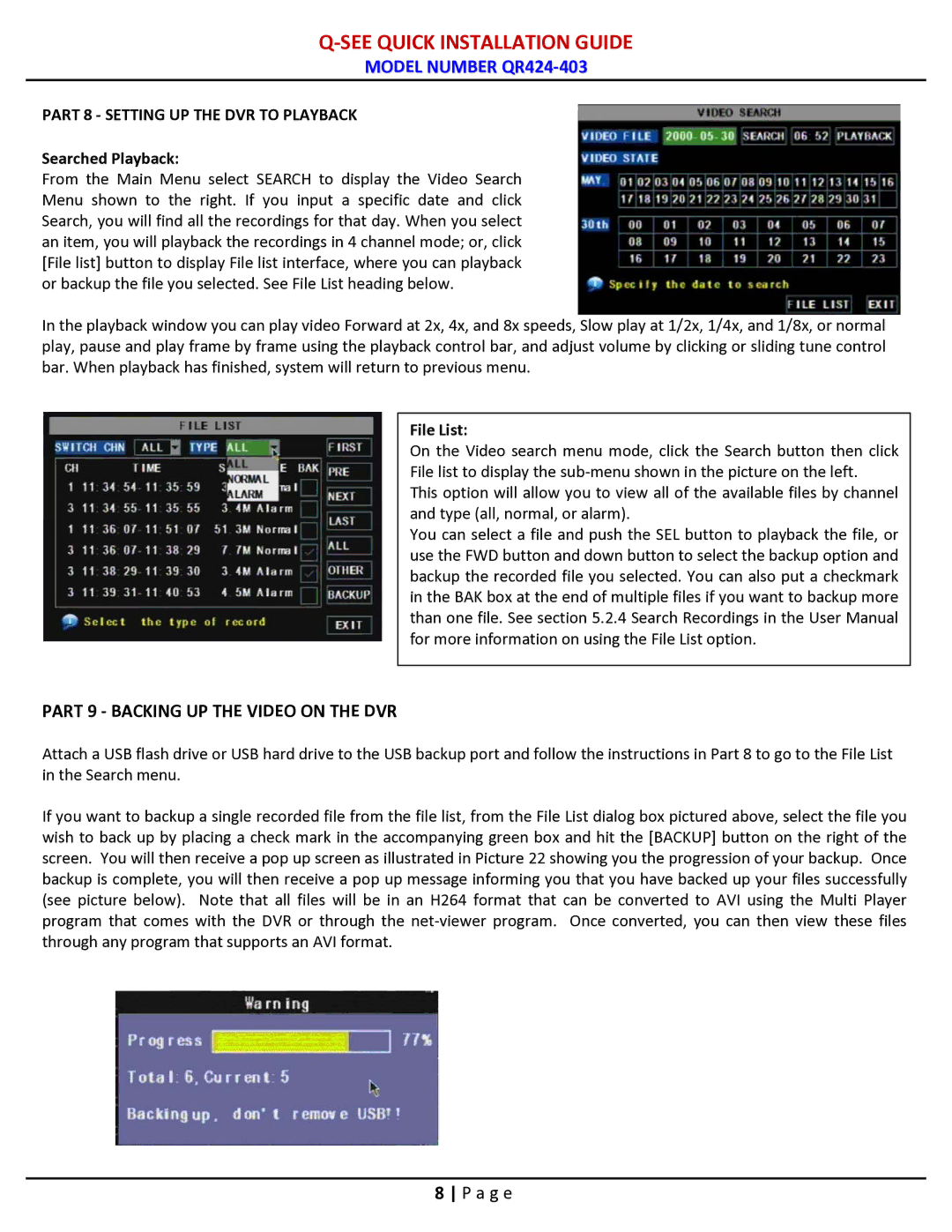 Q-See QR424-403 manual Searched Playback, File List 
