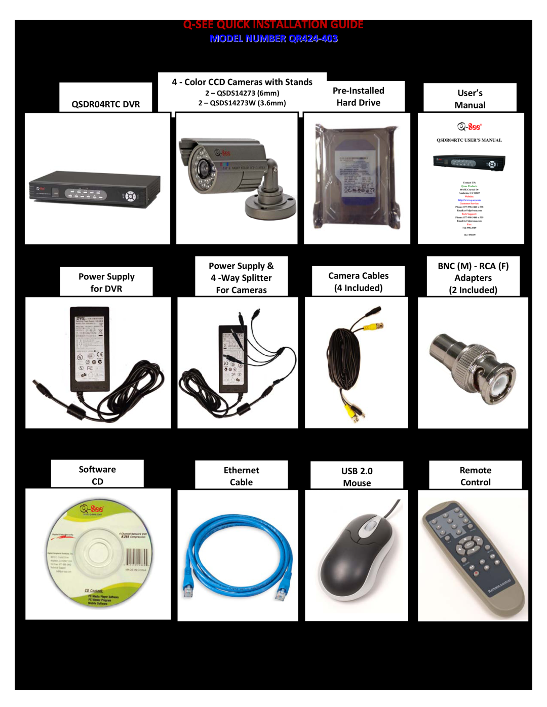 Q-See Q-Seequick Installation Guide, MODEL NUMBER QR424-403, PART 1 - PACKAGE CONTENTS, P a g e, QSDR04RTC DVR, for DVR 