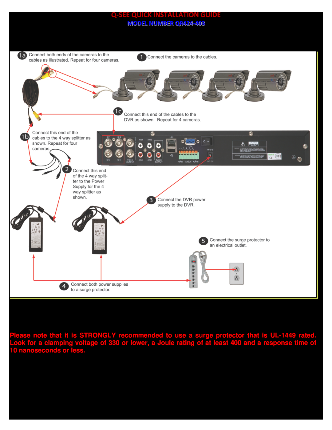 Q-See manual PART 2 - DVR CAMERA AND POWER CONNECTIONS, P a g e, Q-Seequick Installation Guide, MODEL NUMBER QR424-403 