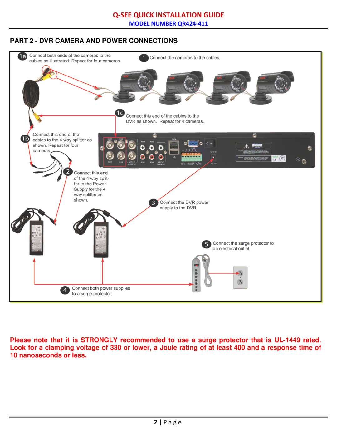 Q-See QR424-411 manual Part 2 DVR Camera and Power Connections 