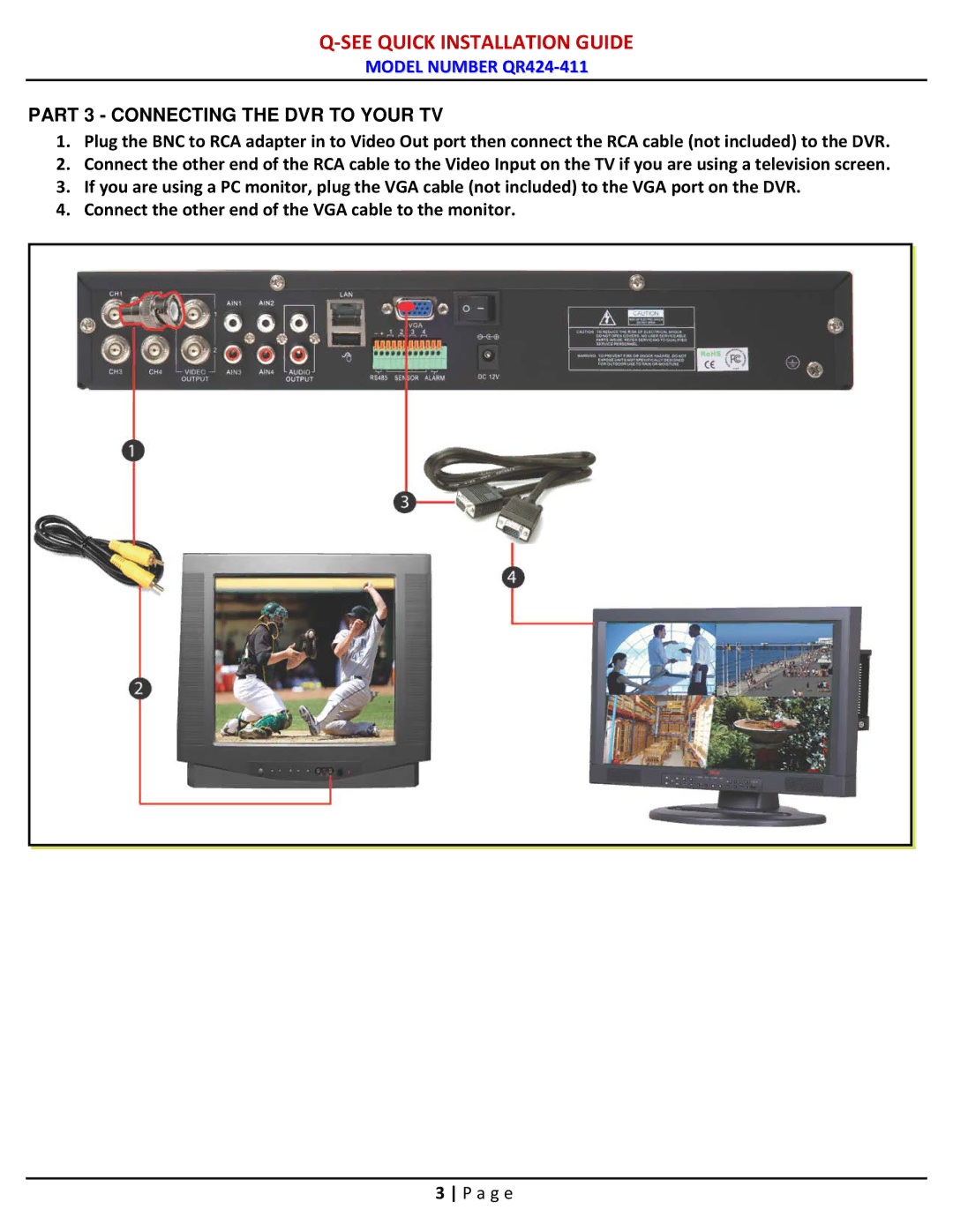 Q-See QR424-411 manual Part 3 Connecting the DVR to Your TV 