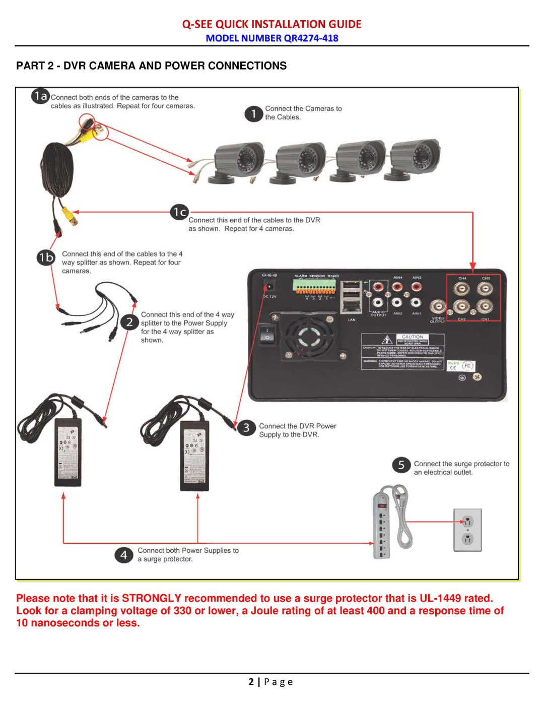 Q-See QR4274-418 manual Part 2 DVR Camera and Power Connections 