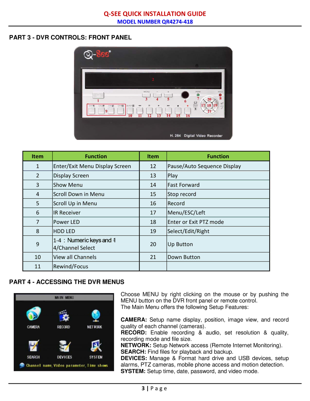 Q-See QR4274-418 manual Part 3 DVR Controls Front Panel, Part 4 Accessing the DVR Menus 