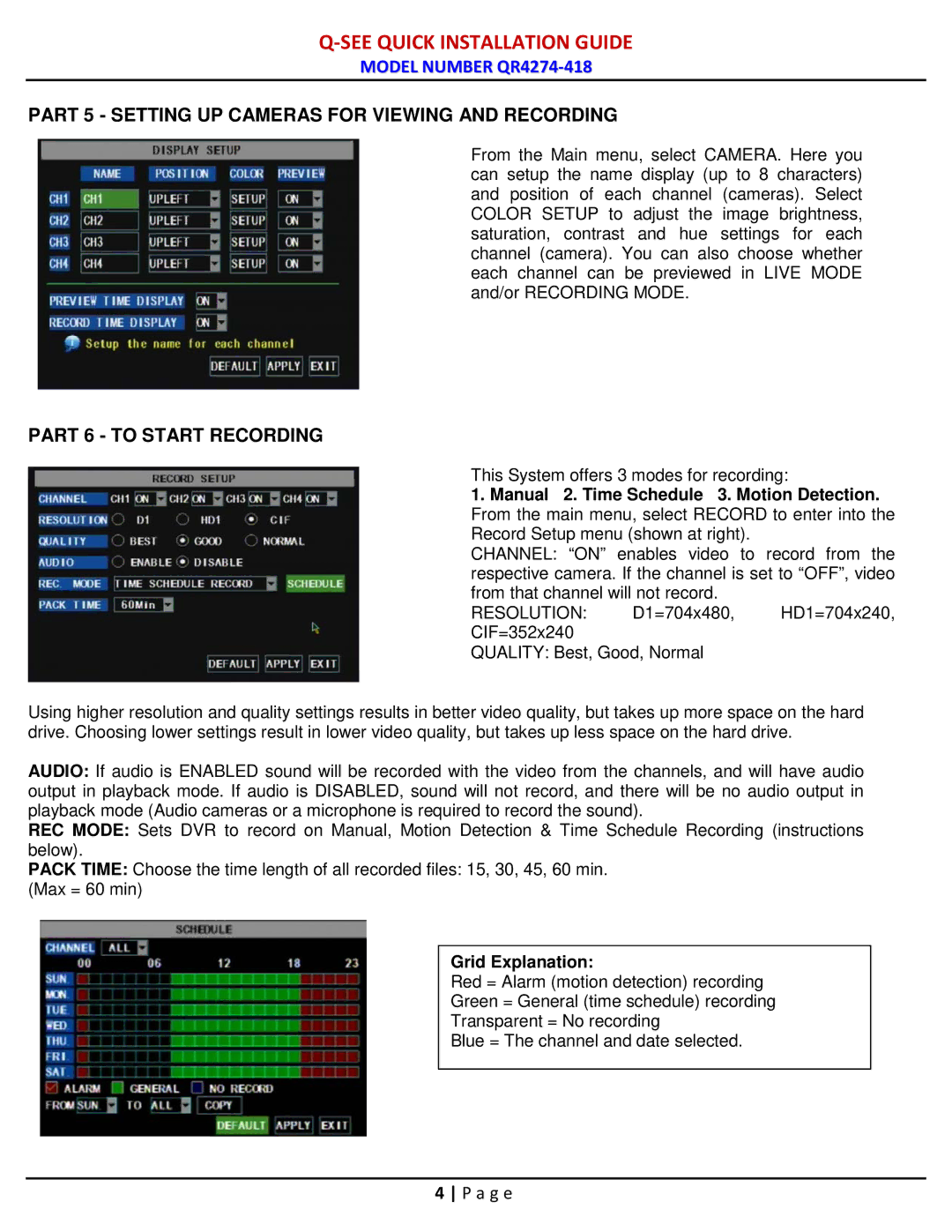 Q-See QR4274-418 manual Part 5 Setting UP Cameras for Viewing and Recording, Part 6 to Start Recording, Grid Explanation 