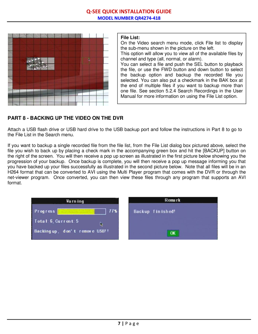 Q-See QR4274-418 manual Part 8 Backing UP the Video on the DVR, File List 