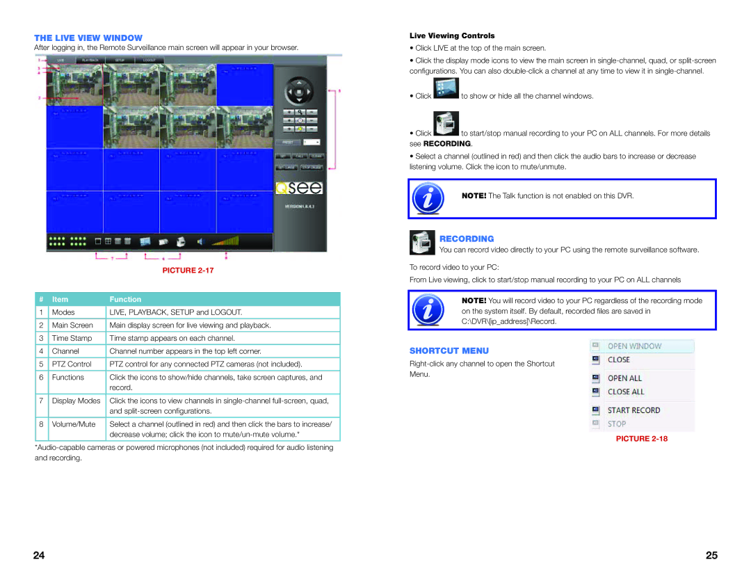 Q-See QS SERIES setup guide Live View Window, Recording, Shortcut Menu, Live Viewing Controls 