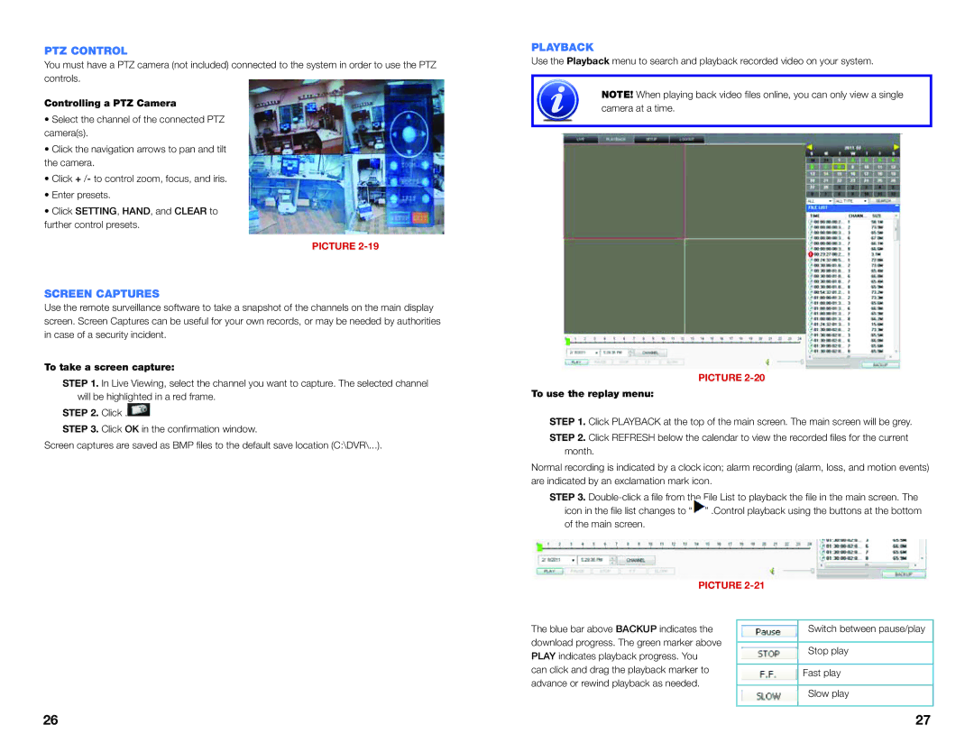 Q-See QS SERIES setup guide PTZ Control, Screen Captures, Playback 