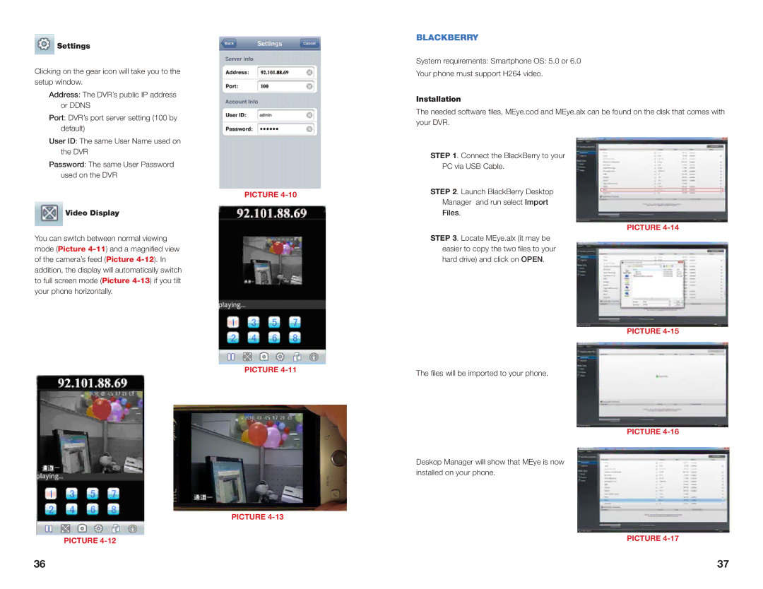 Q-See QS SERIES setup guide Blackberry, Settings, Video Display, Installation 