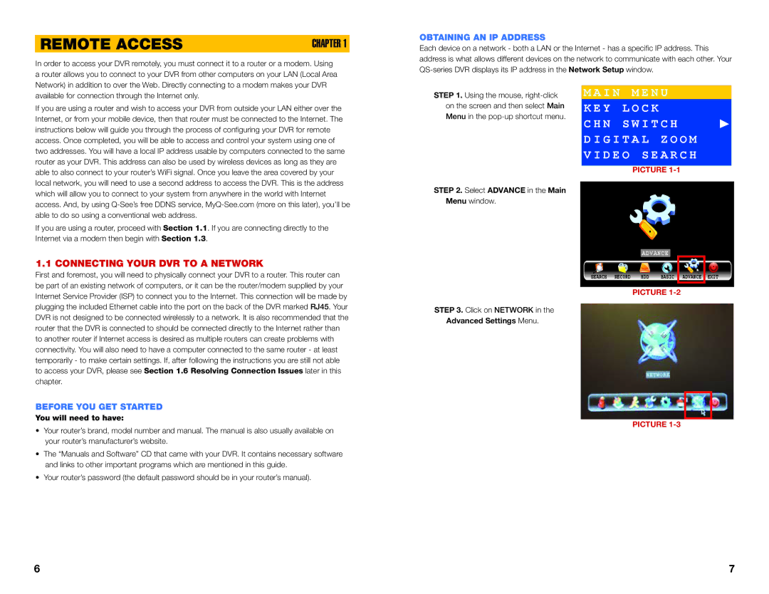 Q-See QS SERIES Remote Access, Connecting Your DVR to a Network, Obtaining AN IP Address, Before YOU GET Started 