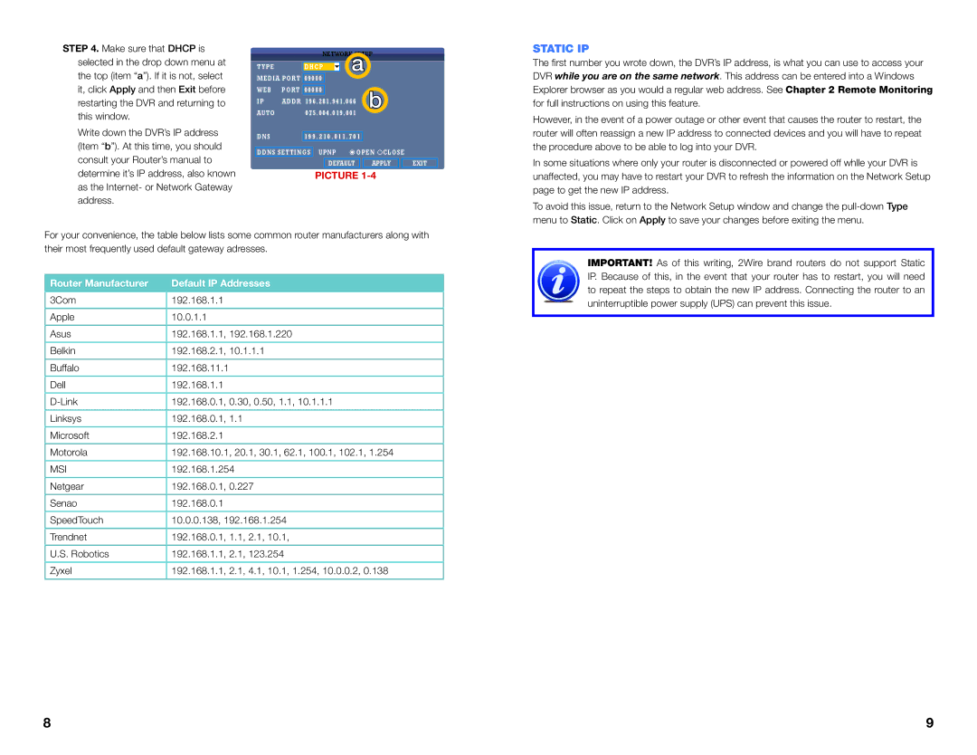 Q-See QS SERIES setup guide Static IP, Router Manufacturer Default IP Addresses 