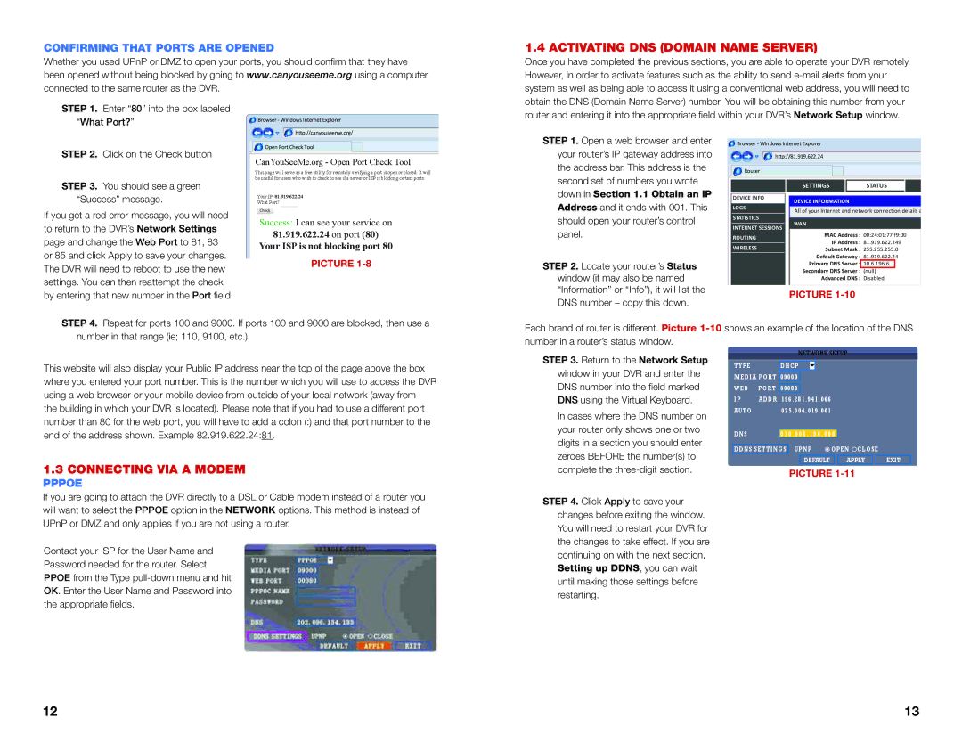 Q-See QS SERIES Activating DNS Domain Name Server, Connecting VIA a Modem, Confirming That Ports are Opened, Pppoe 