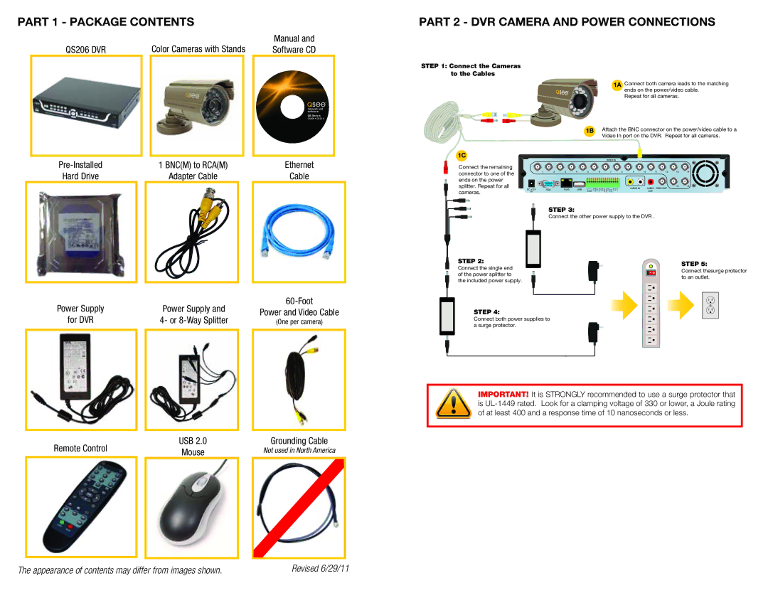 Q-See QS206 manual Part 1 Package Contents, Part 2 DVR Camera and Power Connections 