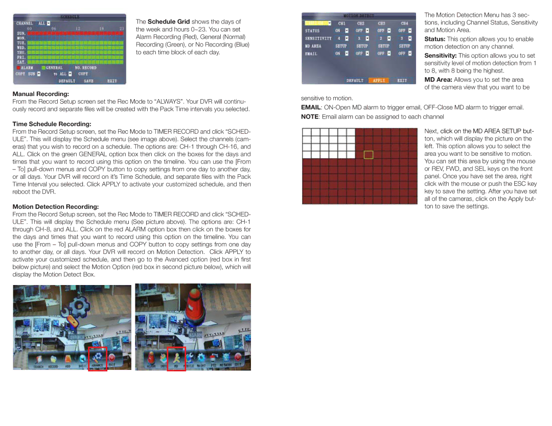 Q-See QS206 manual Manual Recording, Time Schedule Recording, Motion Detection Recording 