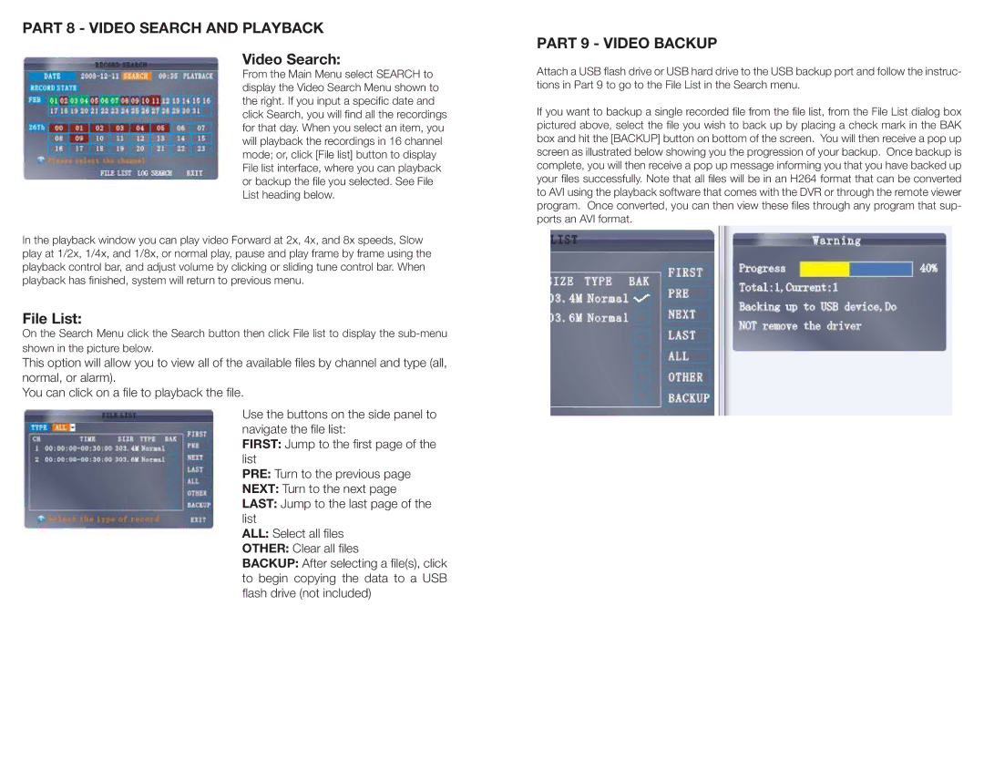 Q-See QS206 manual Part 8 Video Search and Playback, Part 9 Video Backup 