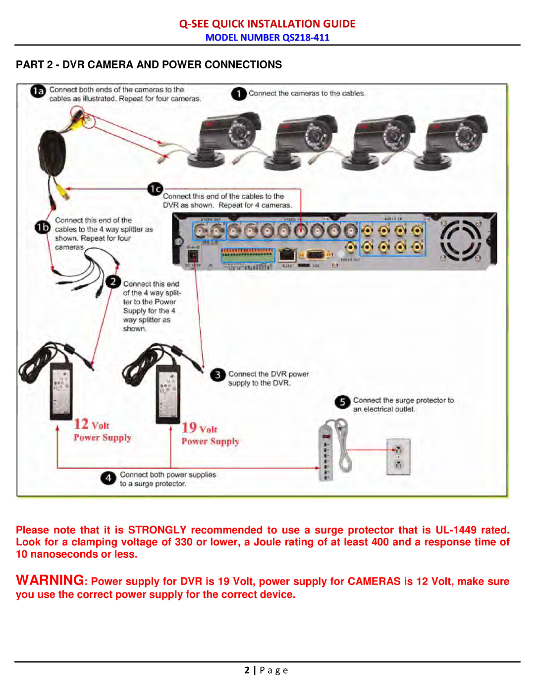 Q-See QS218-411 manual Part 2 DVR Camera and Power Connections 