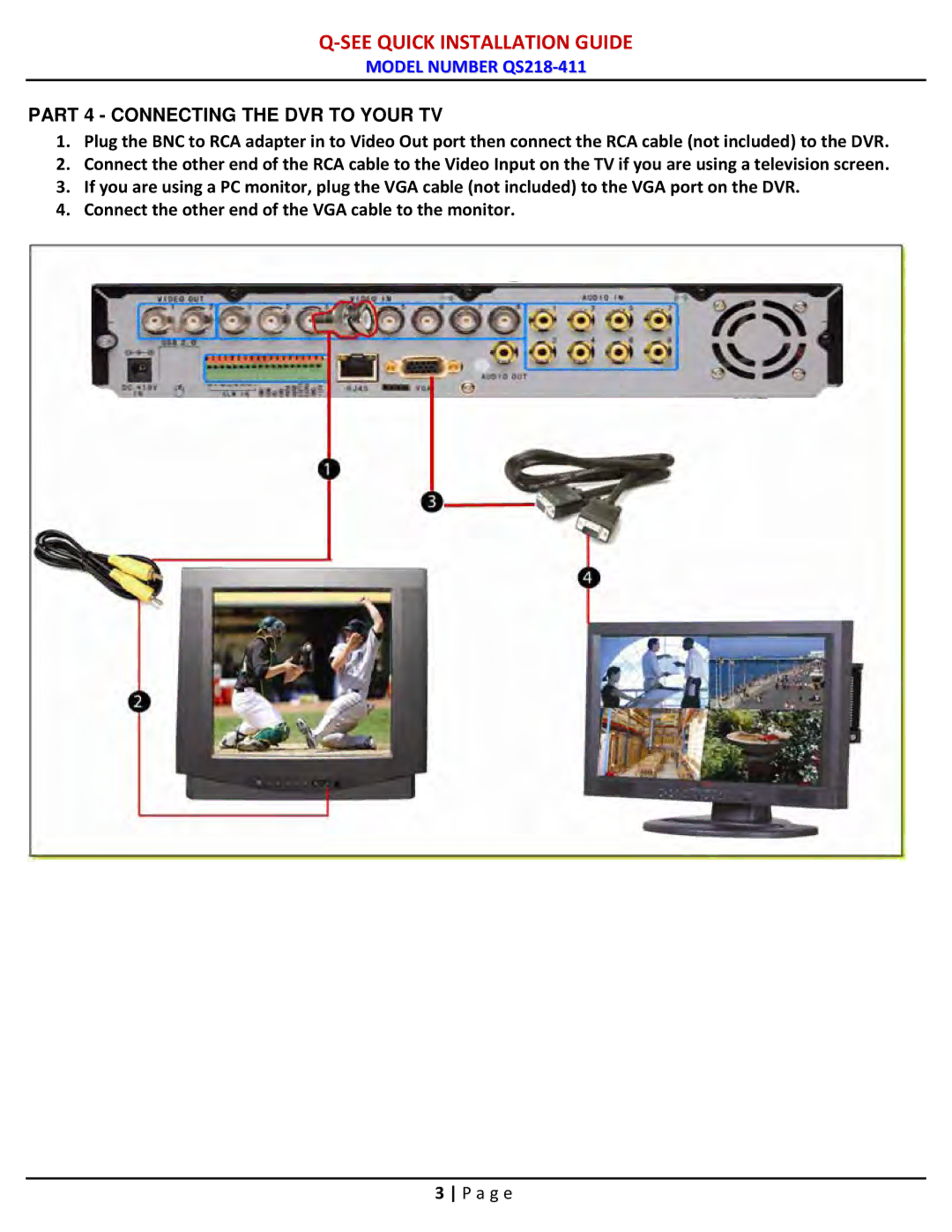 Q-See QS218-411 manual Part 4 Connecting the DVR to Your TV 