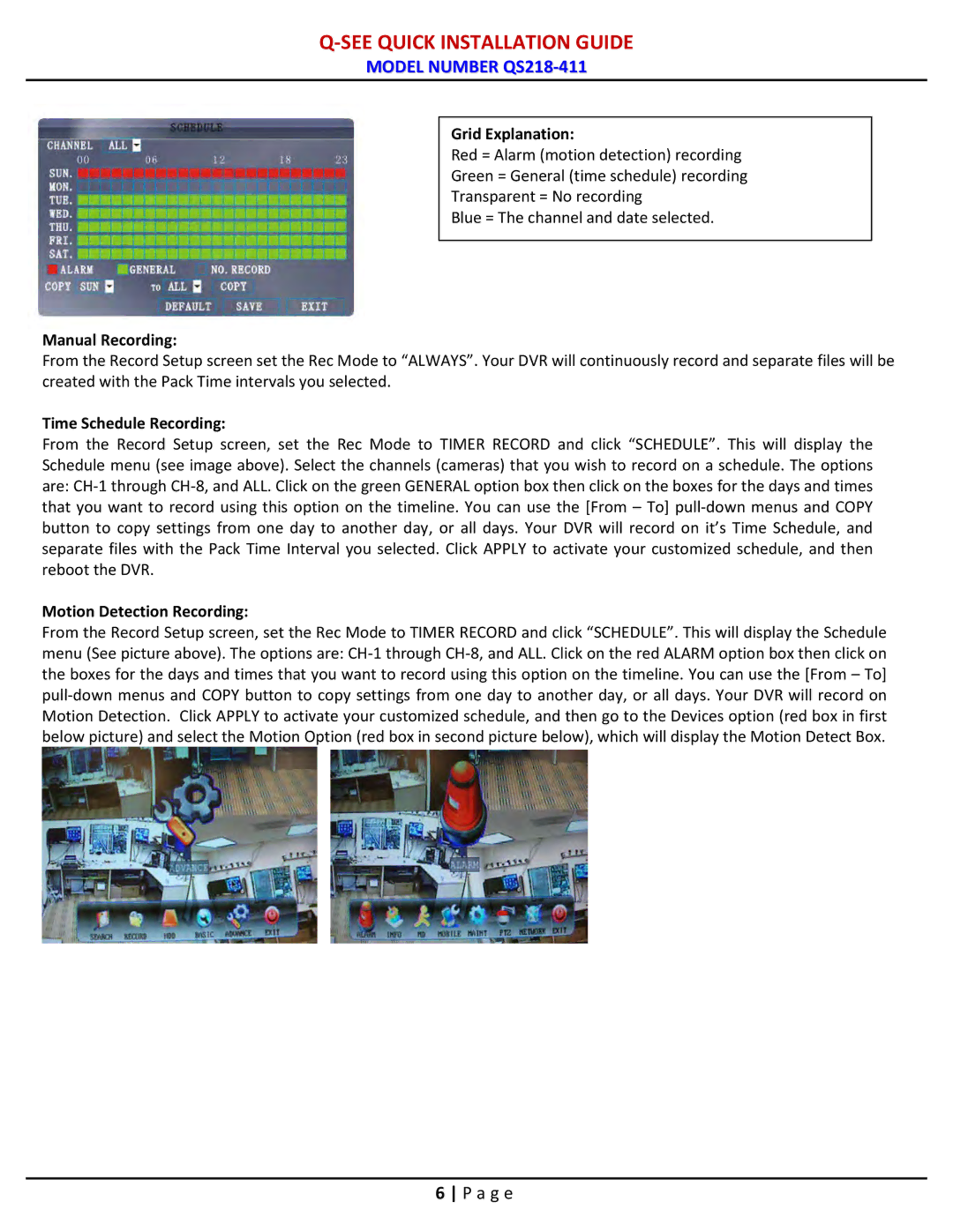 Q-See QS218-411 manual Grid Explanation, Manual Recording, Time Schedule Recording, Motion Detection Recording 