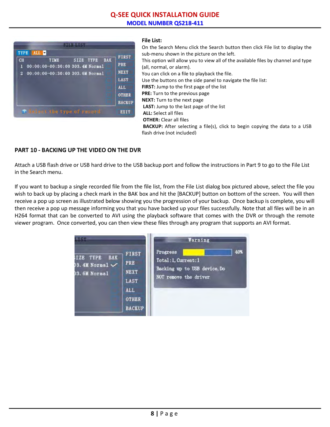 Q-See QS218-411 manual Part 10 Backing UP the Video on the DVR, File List 