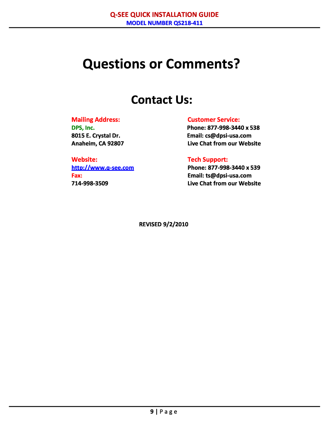 Q-See QS218-811 Phone, 8015 E. Crystal Dr, Anaheim, CA, REVISED 9/2/2010, Questions or Comments?, Contact Us, Website 