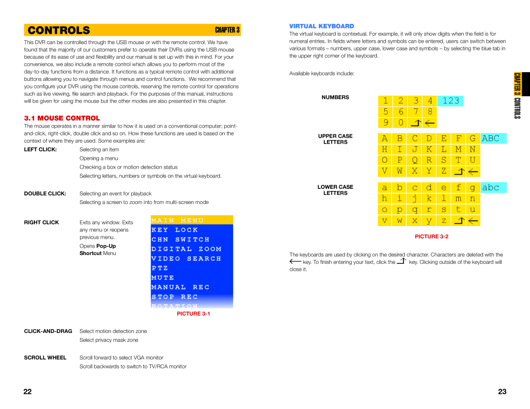 Q-See QS4474 user manual Controls, Mouse Control, Virtual Keyboard 