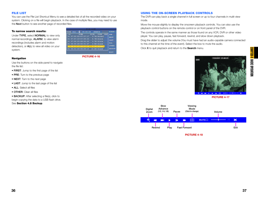 Q-See QS4474 user manual File List, Using the ON-SCREEN Playback Controls, To narrow search results, Navigation 