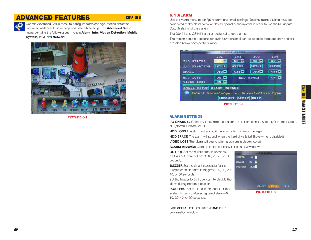 Q-See QS4474 user manual Advanced Features, Alarm Settings 