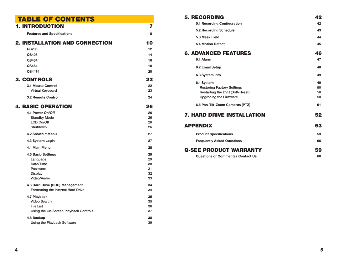 Q-See QS4474 user manual Table of Contents 