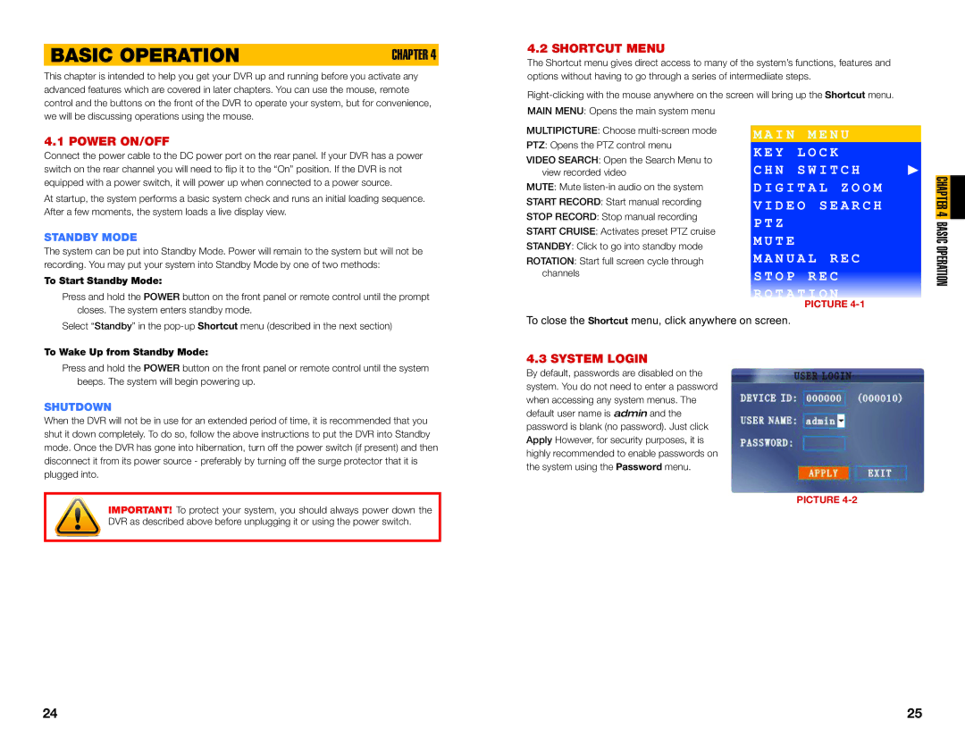 Q-See QS206, QS464, QS408, QS434 user manual Basic Operation, Shortcut Menu, Power ON/OFF, System Login 