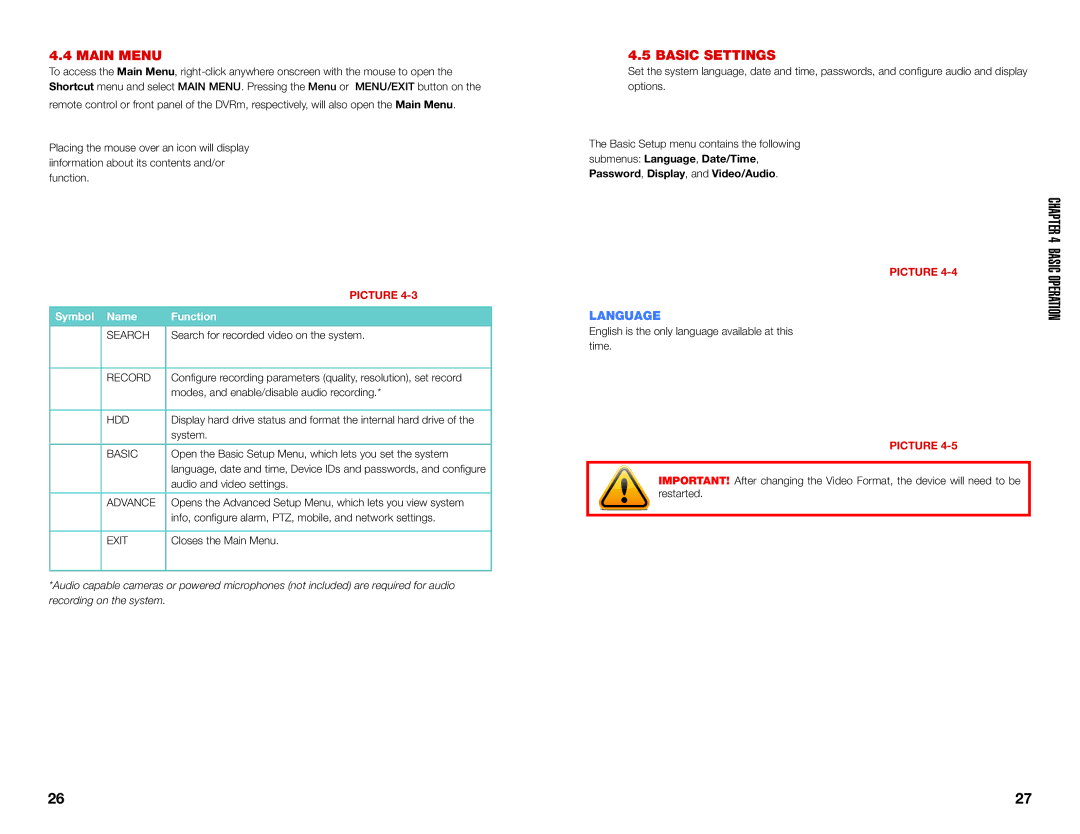 Q-See QS408, QS464, QS206, QS434 user manual Basic Operation, Main Menu, Basic Settings, Language, Symbol Name Function 