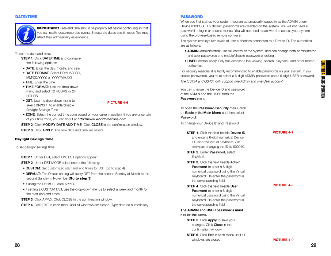 Q-See QS434, QS464 Operation, Date/Time, Password, Daylight Savings Time, Admin and User passwords must not be the same 