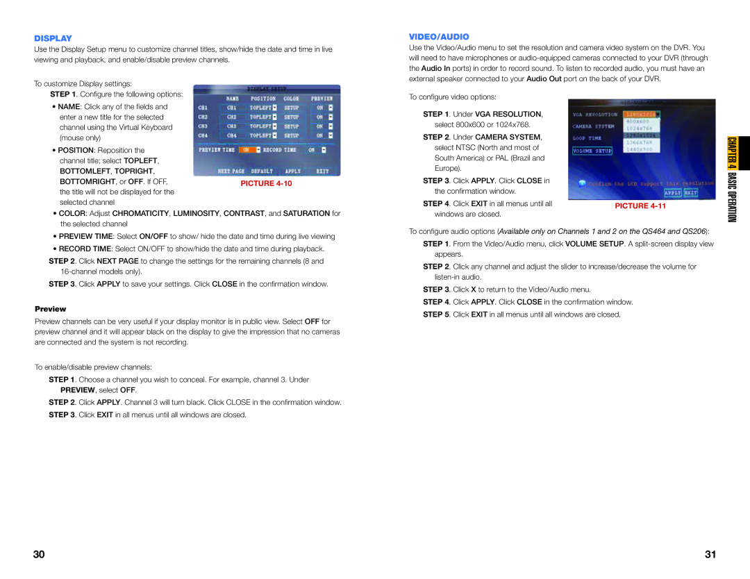 Q-See QS464, QS206, QS408, QS434 user manual Display, Video/Audio, BOTTOMLEFT, Topright, Preview 