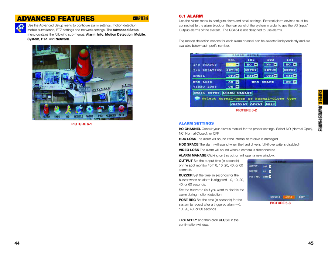 Q-See QS434, QS464, QS206, QS408 user manual Advanced Features, Alarm Settings 