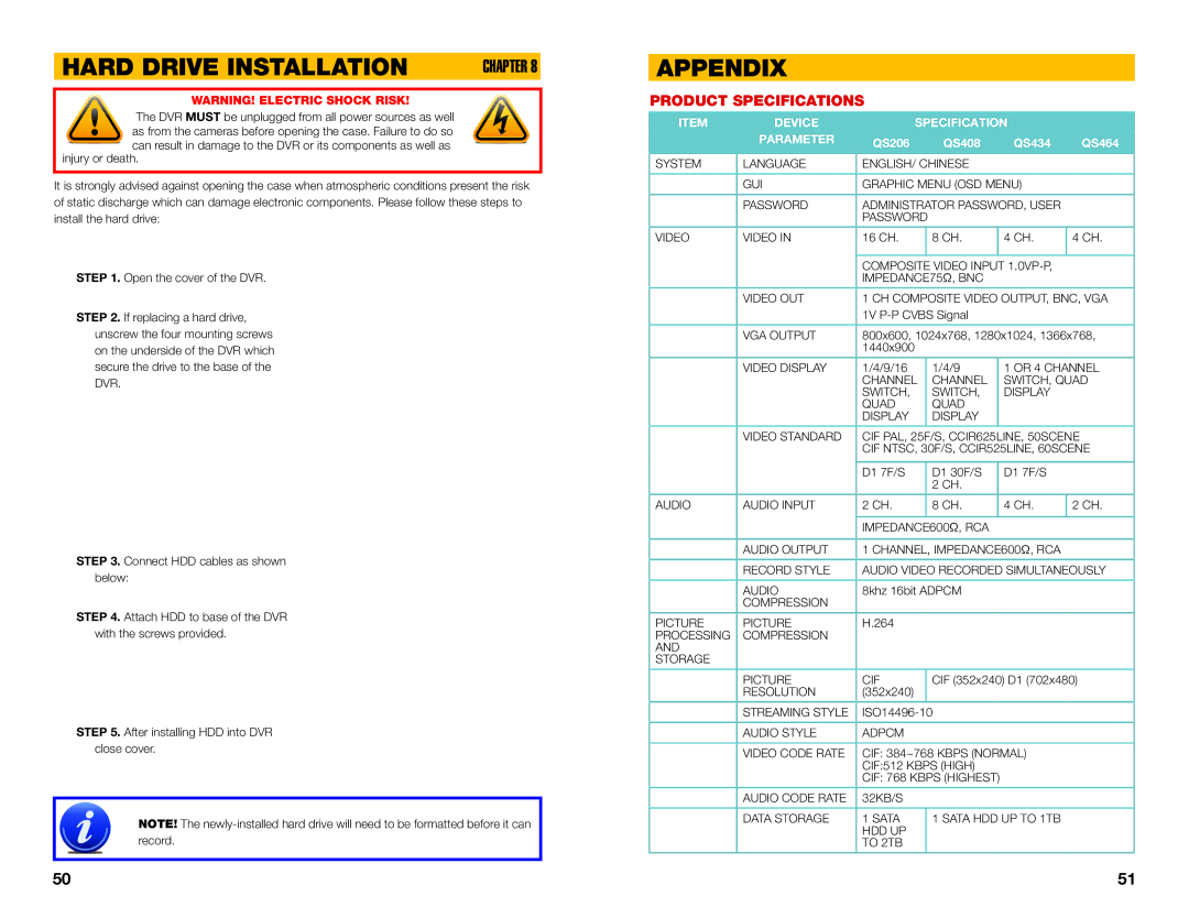 Q-See user manual Hard Drive Installation, Appendix, Product Specifications, QS206 QS408 QS434 QS464 