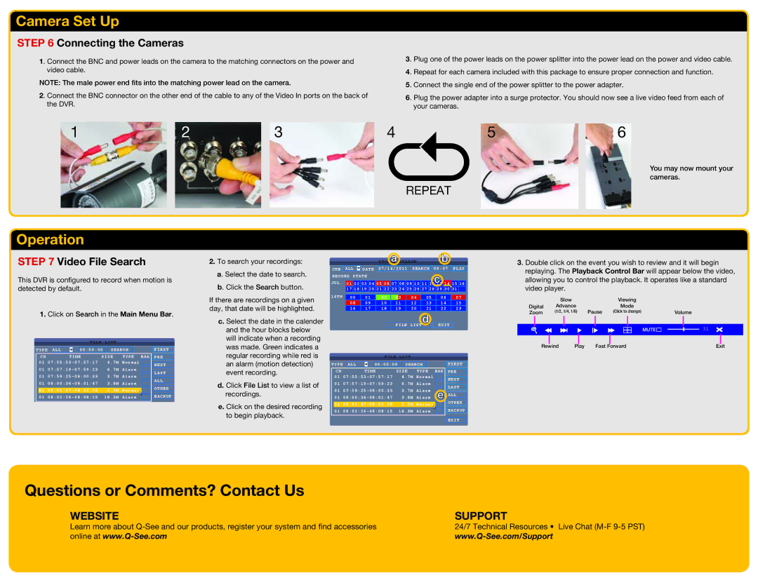 Q-See QS434, QS464, QS206, QS408 quick start Camera Set Up, Operation, Connecting the Cameras, Video File Search 