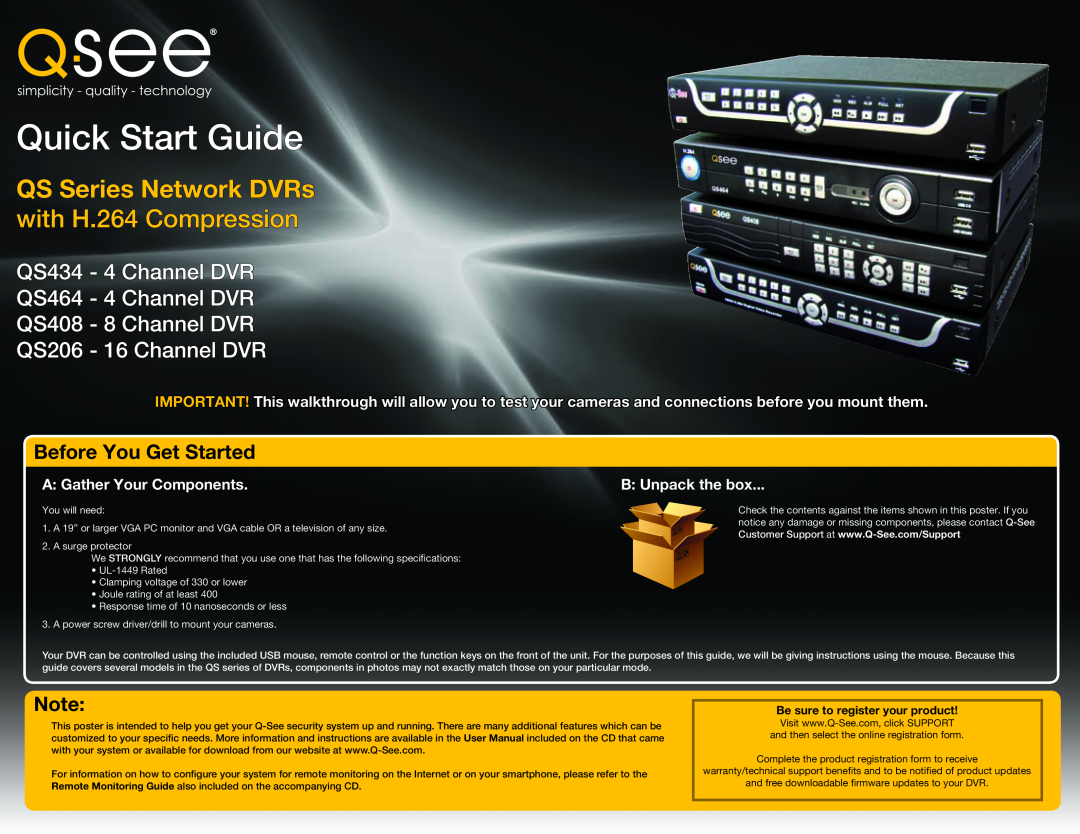 Q-See QS206, QS464, QS408 quick start A Gather Your Components, B Unpack the box, Quick Start Guide, QS Series Network DVRs 