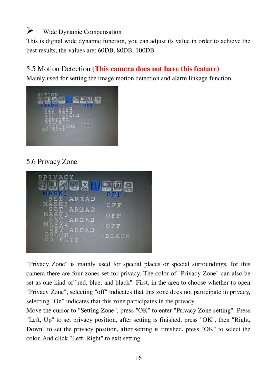 Q-See QSC13212D operation manual Motion Detection This camera does not have this feature, Privacy Zone 