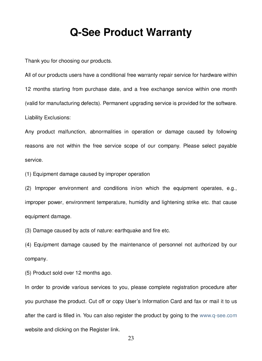 Q-See QSC13212D operation manual See Product Warranty 