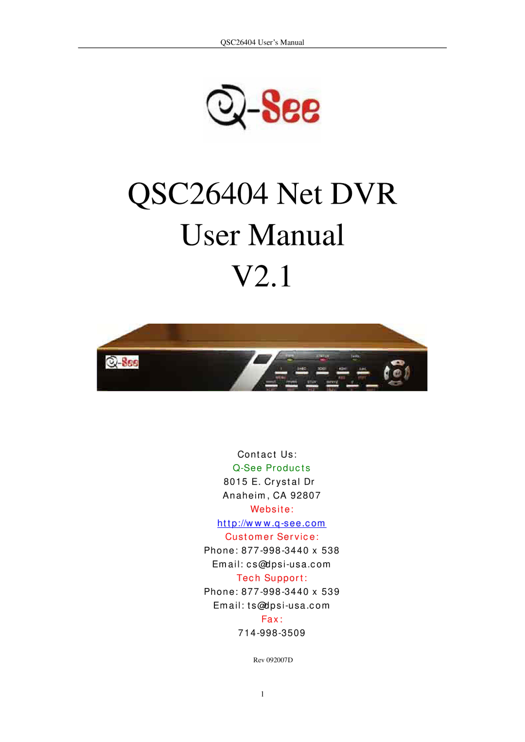 Q-See user manual QSC26404 Net DVR V2.1 