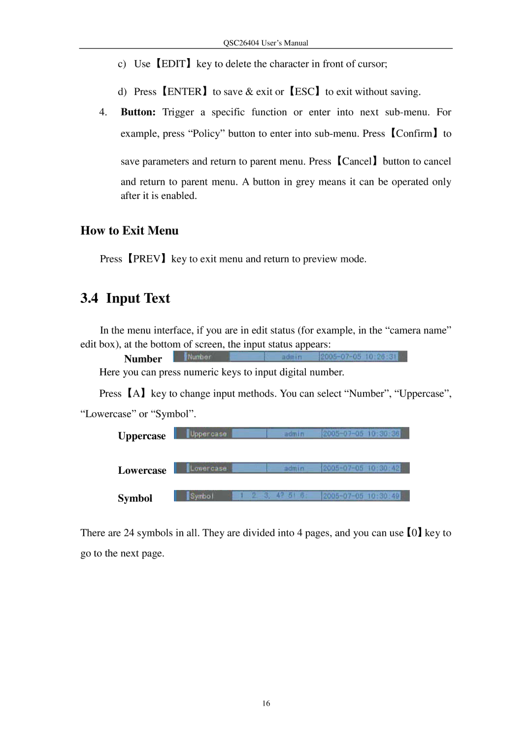 Q-See QSC26404 user manual Input Text, How to Exit Menu 