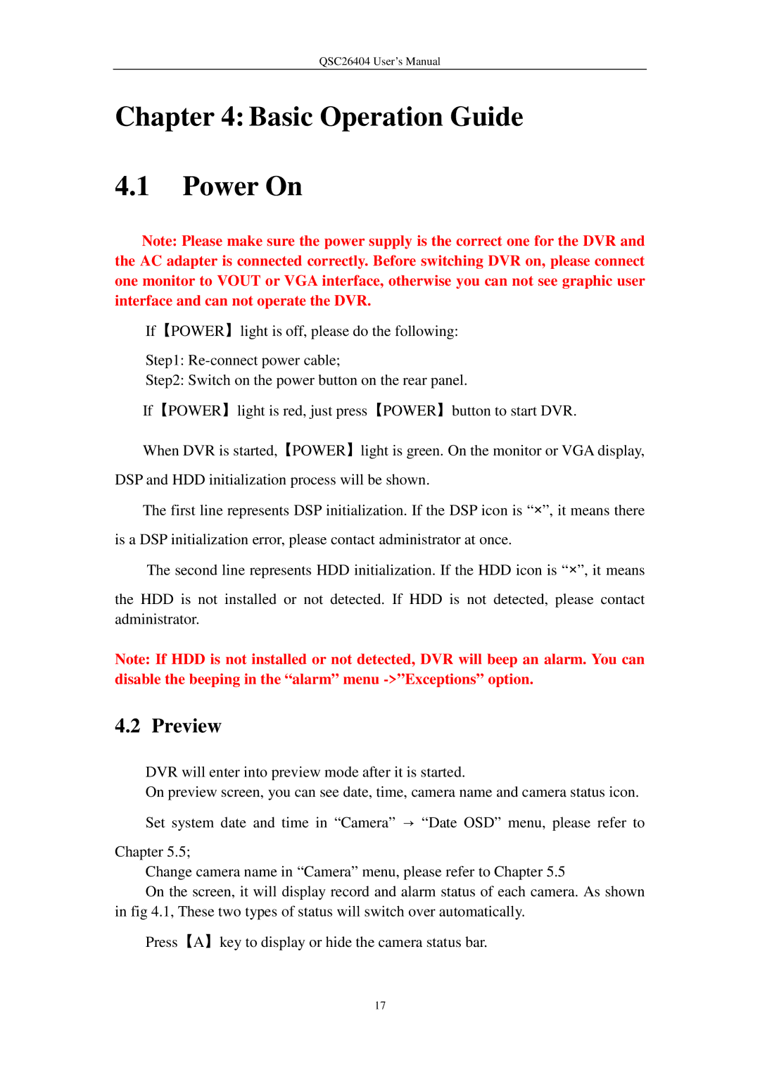 Q-See QSC26404 user manual Basic Operation Guide Power On, Preview 